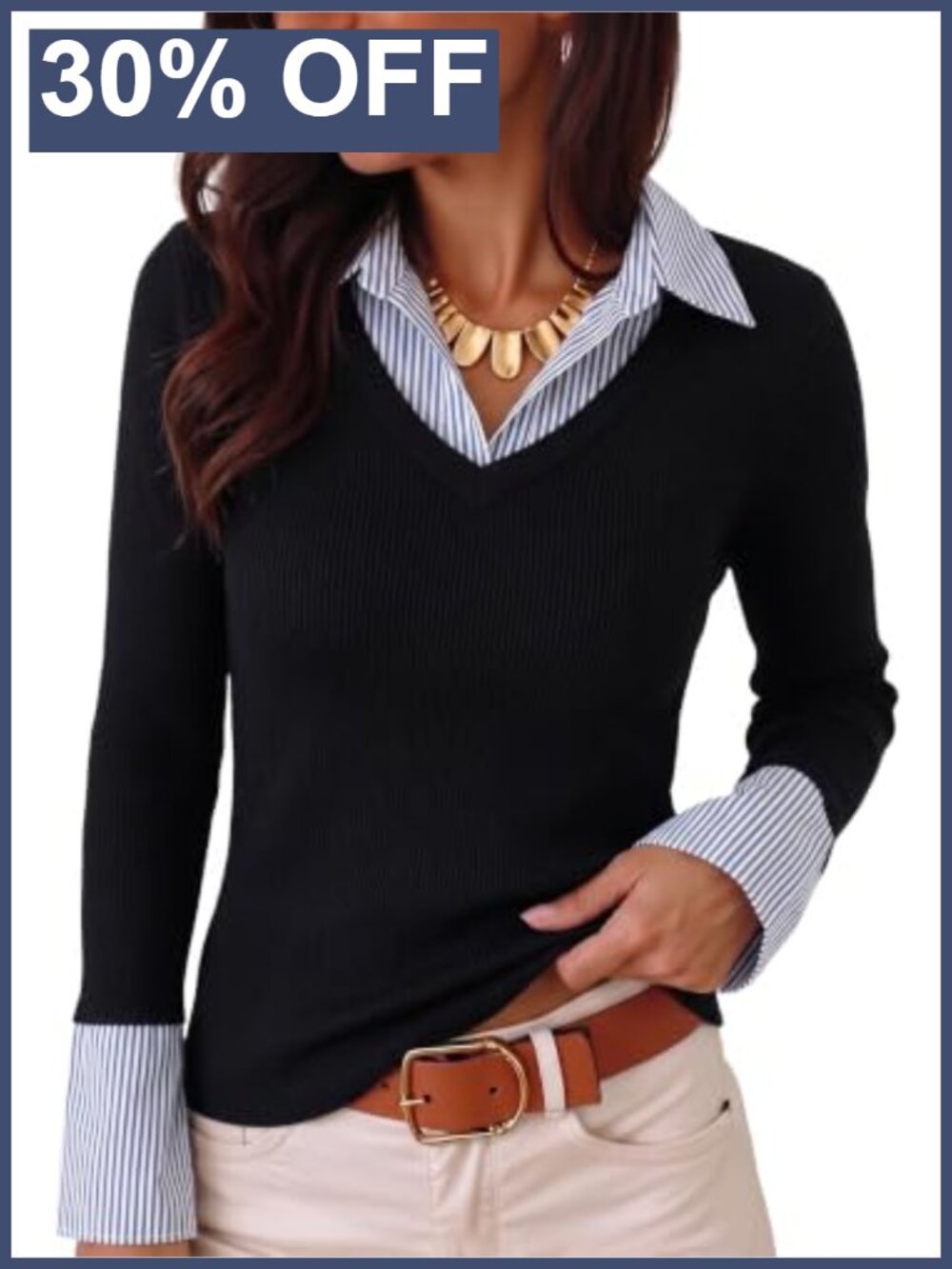 Womens Long Sleeve Polo Shirt Striped Collar Ribbed Knit Slim Fit Top